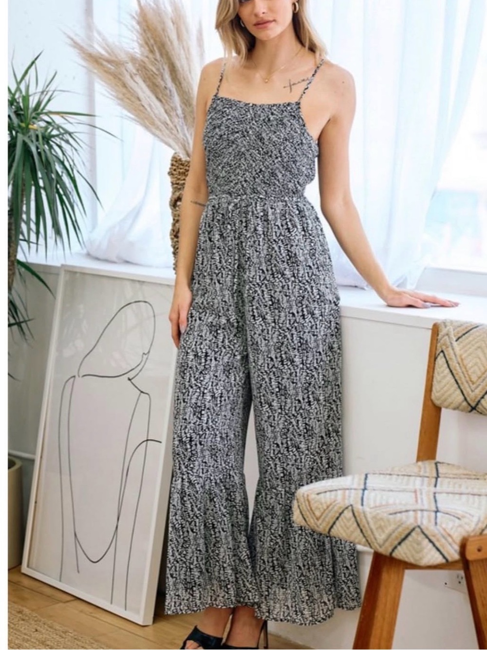 Doe & Rae Black and White Smocked Wide-Leg Jumpsuit